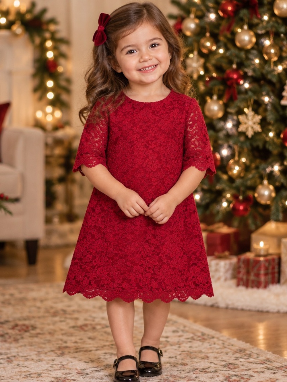 April Girl Toddler Girls Red Floral Lace A-Line Dress 3/4 Sleeve Party Formal 3T